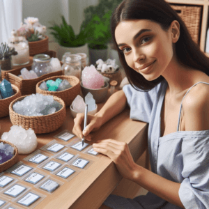 a woman labeling her modest crystal collection at home 