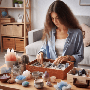 a woman organizing her modest crystal collection at home 