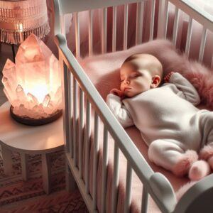 small baby sleeping on a crib and rose quartz crystal lamp in the room