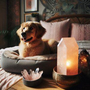 dog on a dog bed with rose quartz crystal lamp besides him 