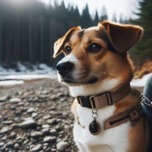 dog with a dog collar with a tiny black tourmaline crystal 