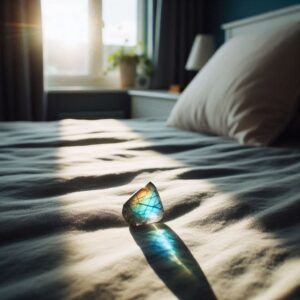Labradorite Crystal On A Bed To Heal The Third Eye Chakra