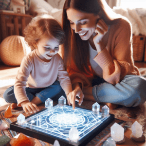 mom and a kid playing with a crystal grid 