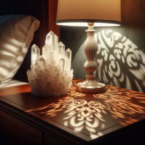 Selenite crystal on the nightstand 