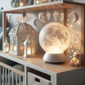  Moonstone crystal lamp on a shelf in a nursery 