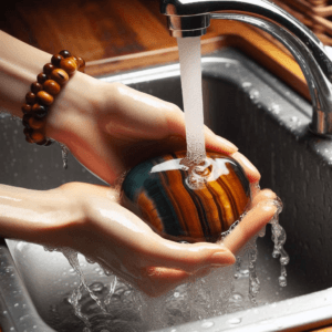 Rinsing Tiger's Eye crystal stone under tap water 