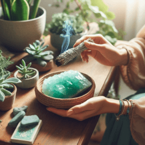 Smudging amazonite with sage 
