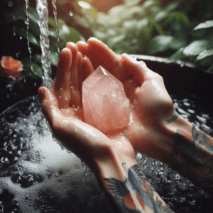 Cleansing rose quartz crystal under running water