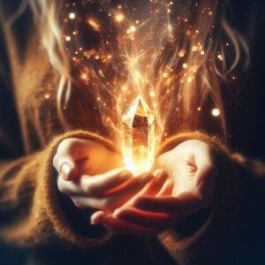 holding a crystal with a golden light flowing into it 