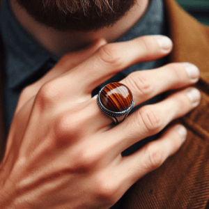 man wearing a simple tigers eye crystal ring