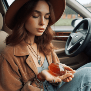 sitting in a car holding a carnelian crystal 