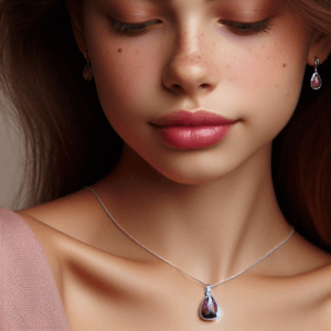 wearing Rhodonite pendant necklace 