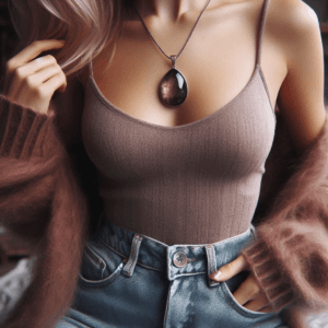 woman in jeans wearing Smoky Quartz pendant